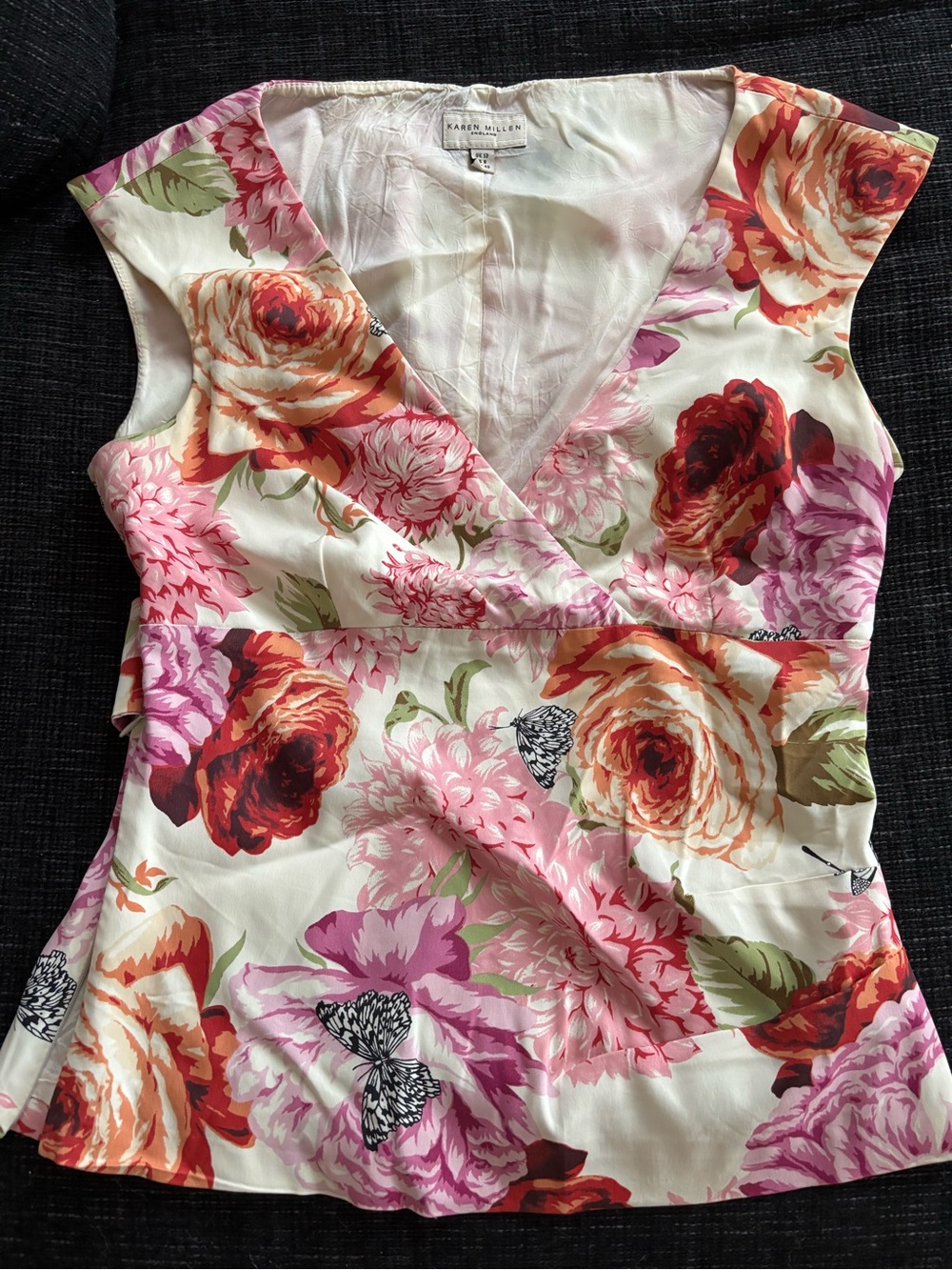 Karen Millen Floral V-Neck Cap Sleeve Top - Pink, Red & Cream